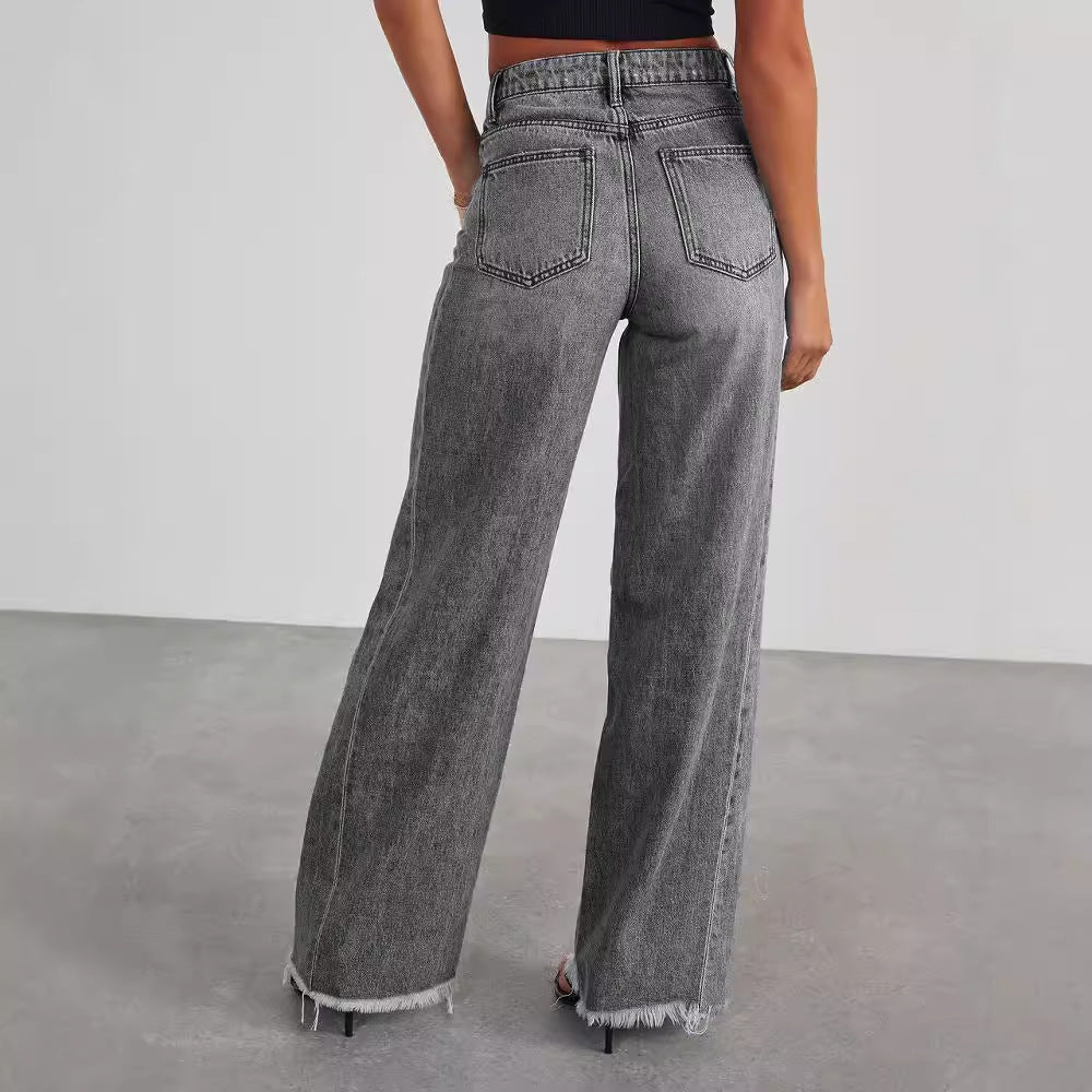 Fashion High Waist Jeans With Pockets Comfortable Slim Fit Straight Wide-leg Pants Womens Clothing - Sophinity