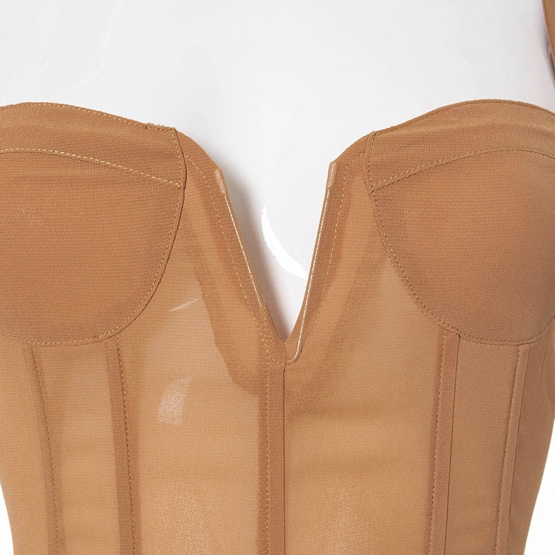 Fashion mesh cropped tops for women featuring a sleek design and nude color for a stylish look
