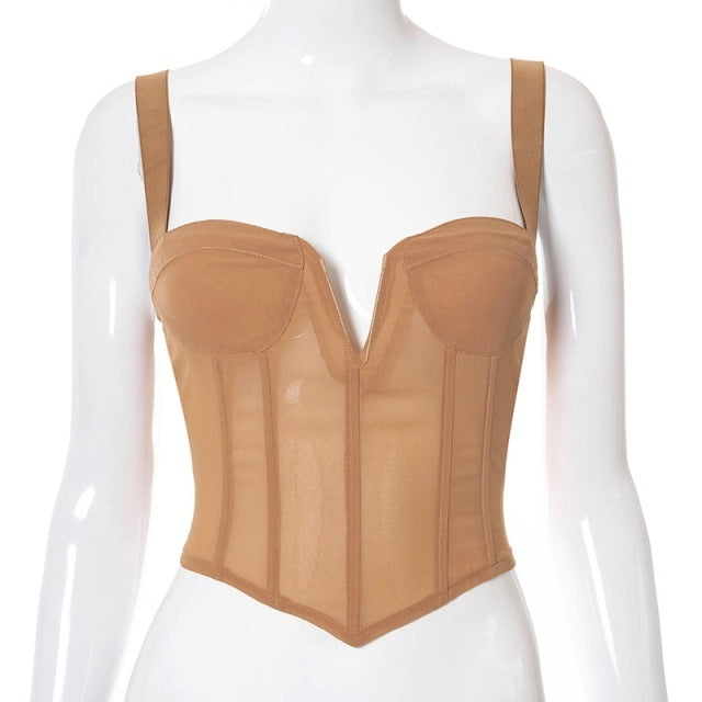 Stylish nude Fashion mesh cropped tops for women with a flattering V-neckline and supportive design