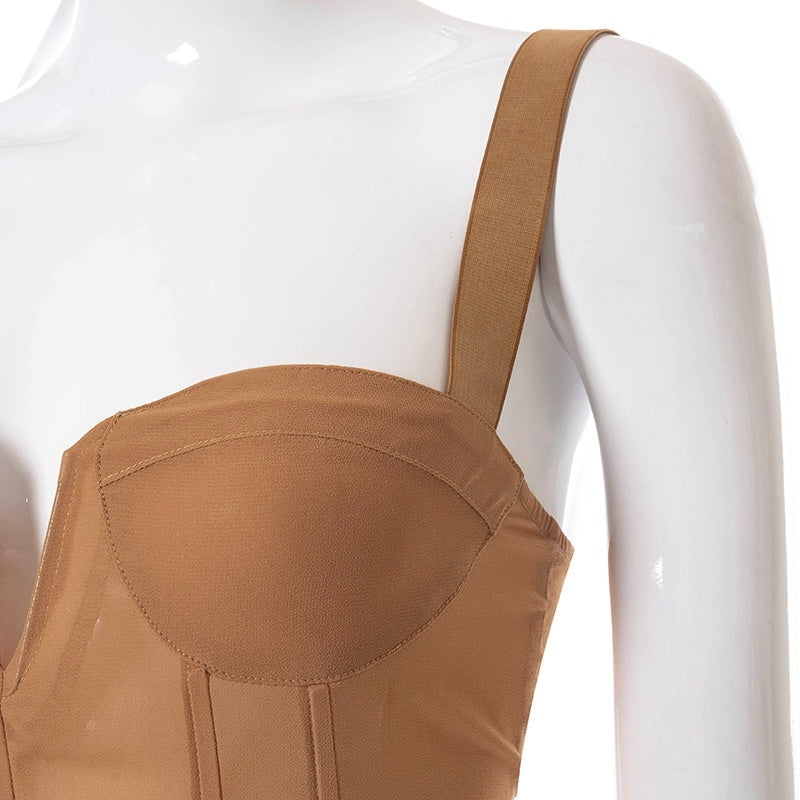 Stylish Fashion mesh cropped tops for women in tan color with a fitted design and adjustable straps