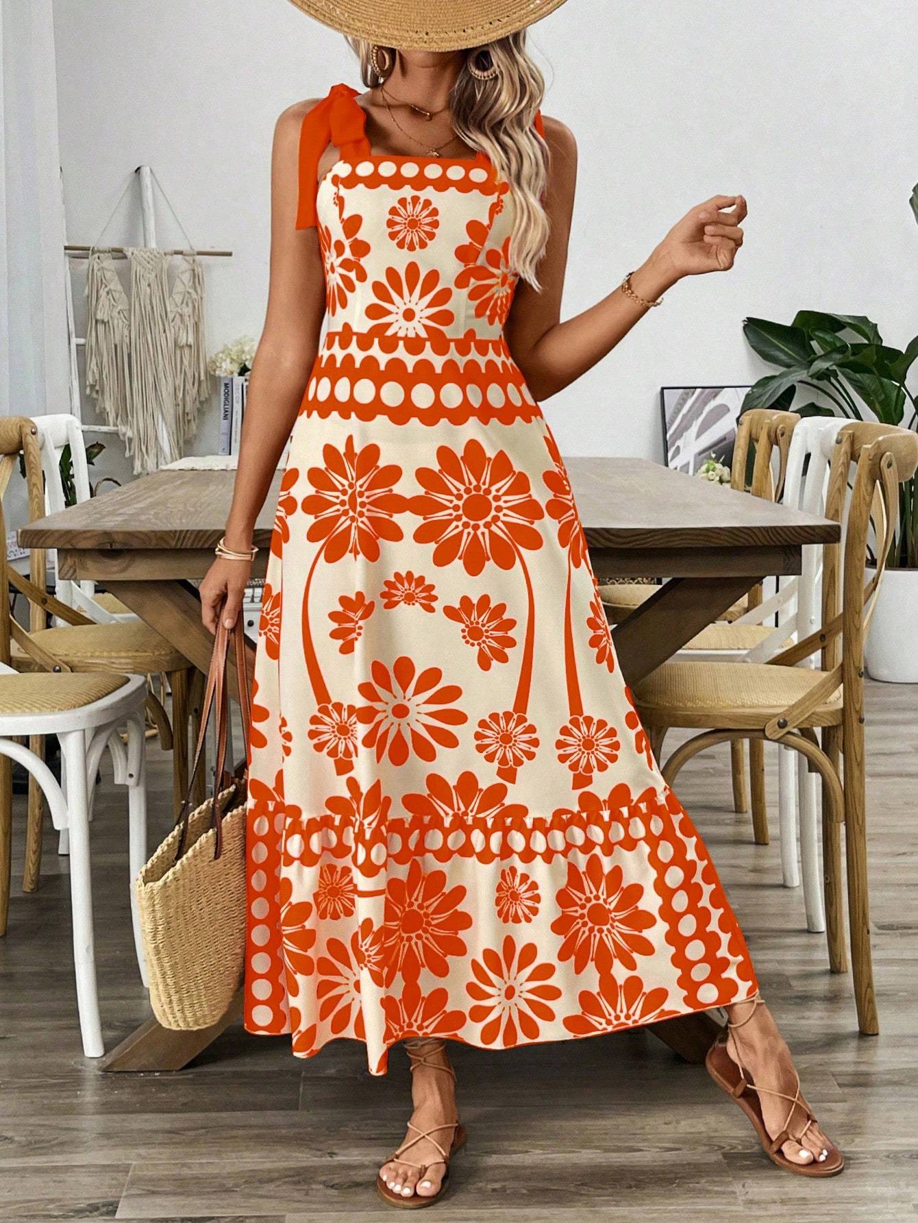 Casual Floral Print Shoulder Tie Waist Suspender Dress - Sophinity