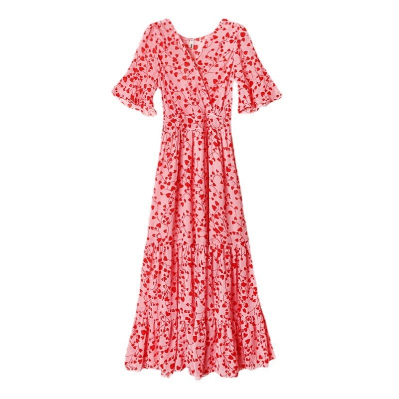 Half - flared Sleeve Vintage V - neck Style Floral Chiffon Dress - Sophinity