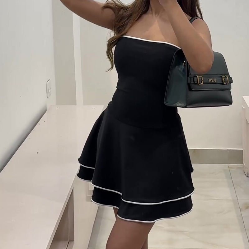Black Sleeveless Dress Summer Spring Fashion Tube Ruffle Skirt With White Edge Mini Dress - Sophinity