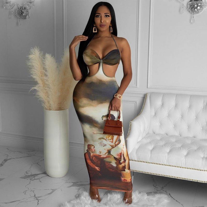 Halterneck Camisole Waist Cutout Print Maxi Dress - Sophinity