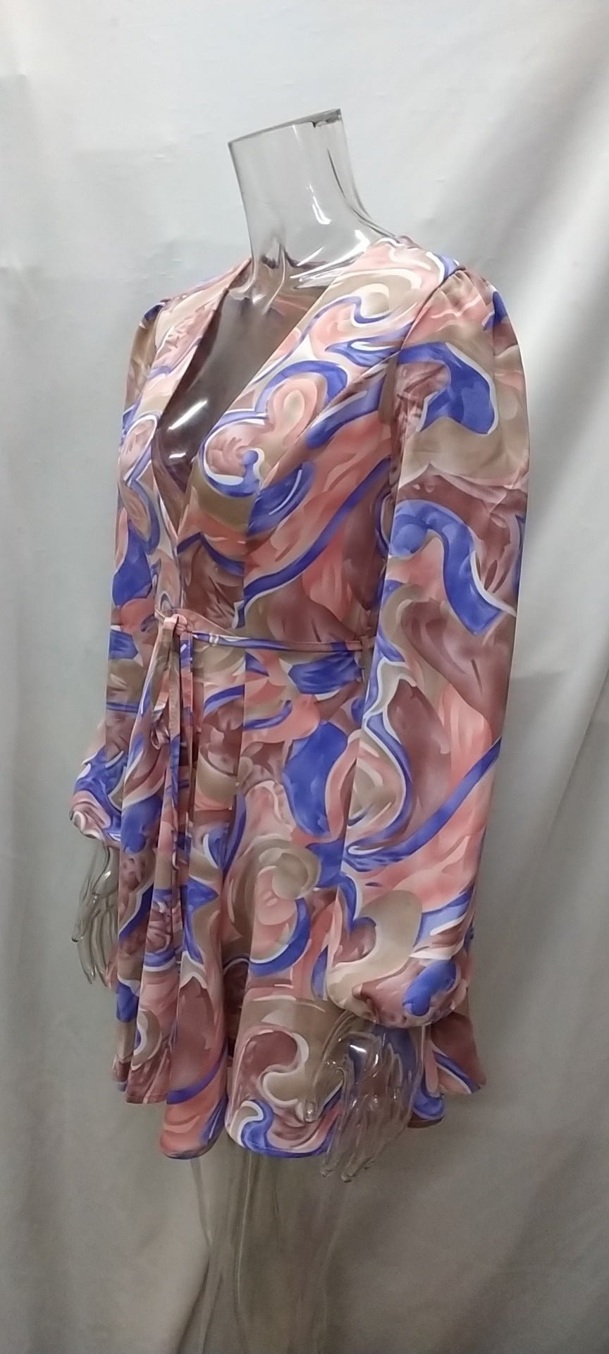 New Sexy Deep V Lace Print Lantern Sleeve Dress - Sophinity