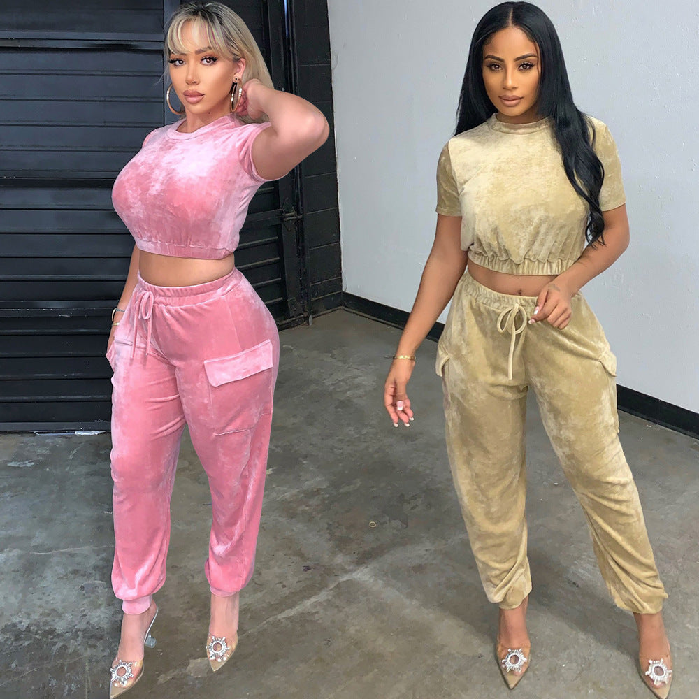 Stylish gold velvet athleisure set with crop top and jogger pants for comfortable everyday wear