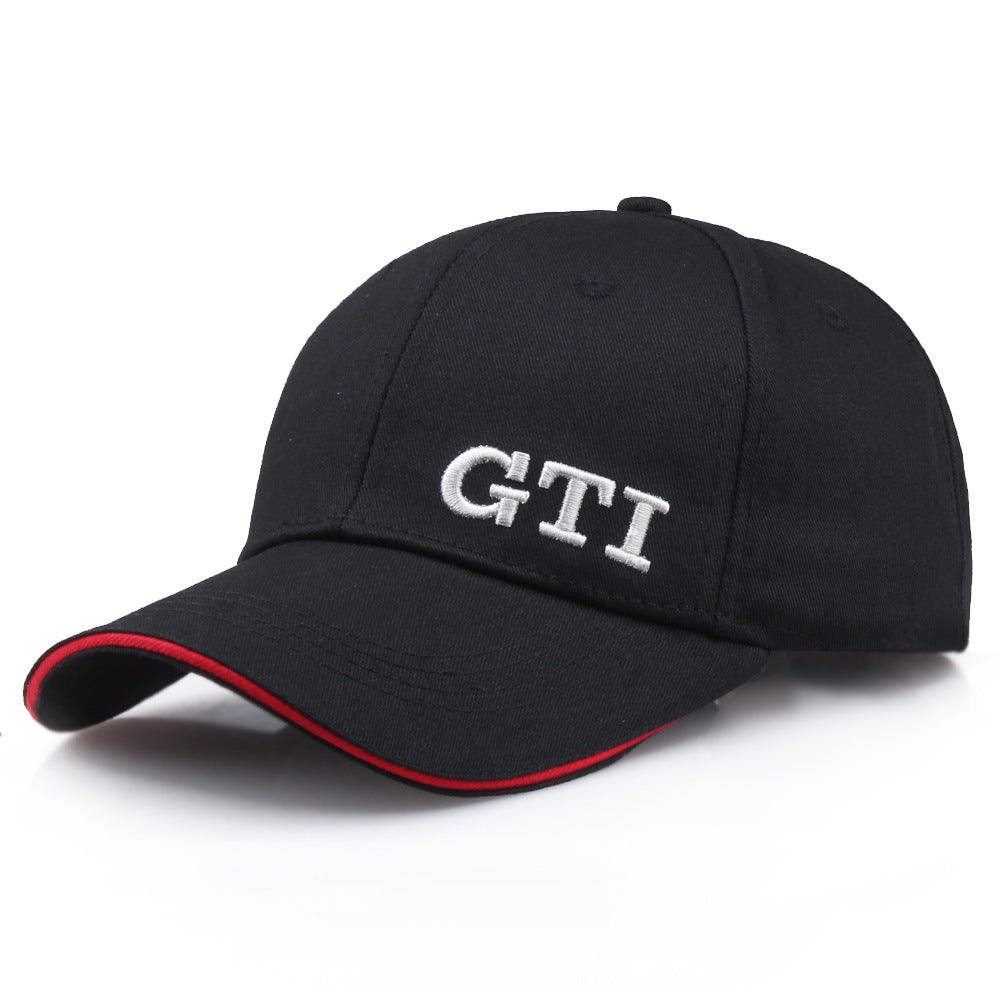 Stylish black golf baseball hat with GTI logo and contrasting red stitching for casual wear