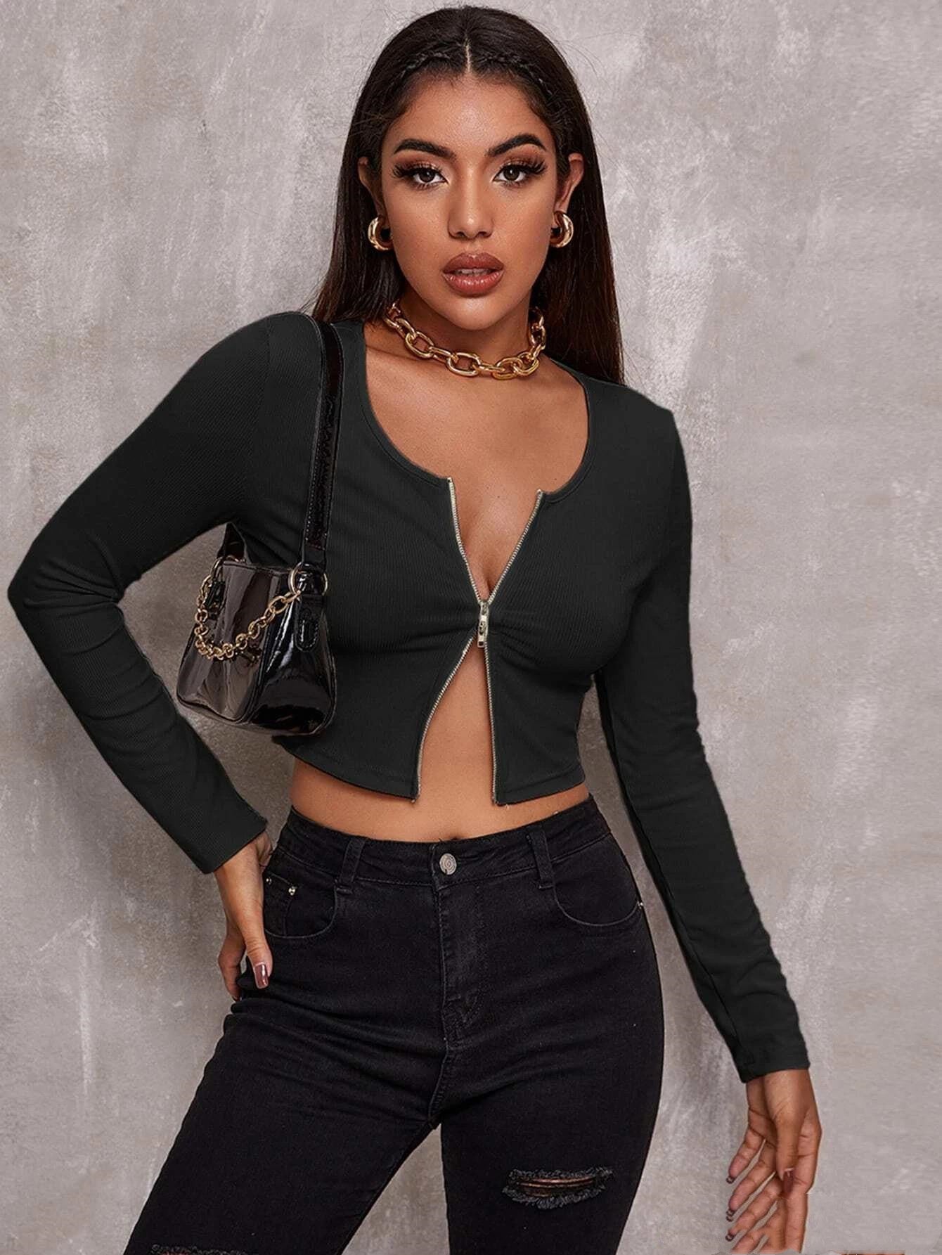 Trendy black Harajuku style women's t-shirt with zipper front and long sleeves