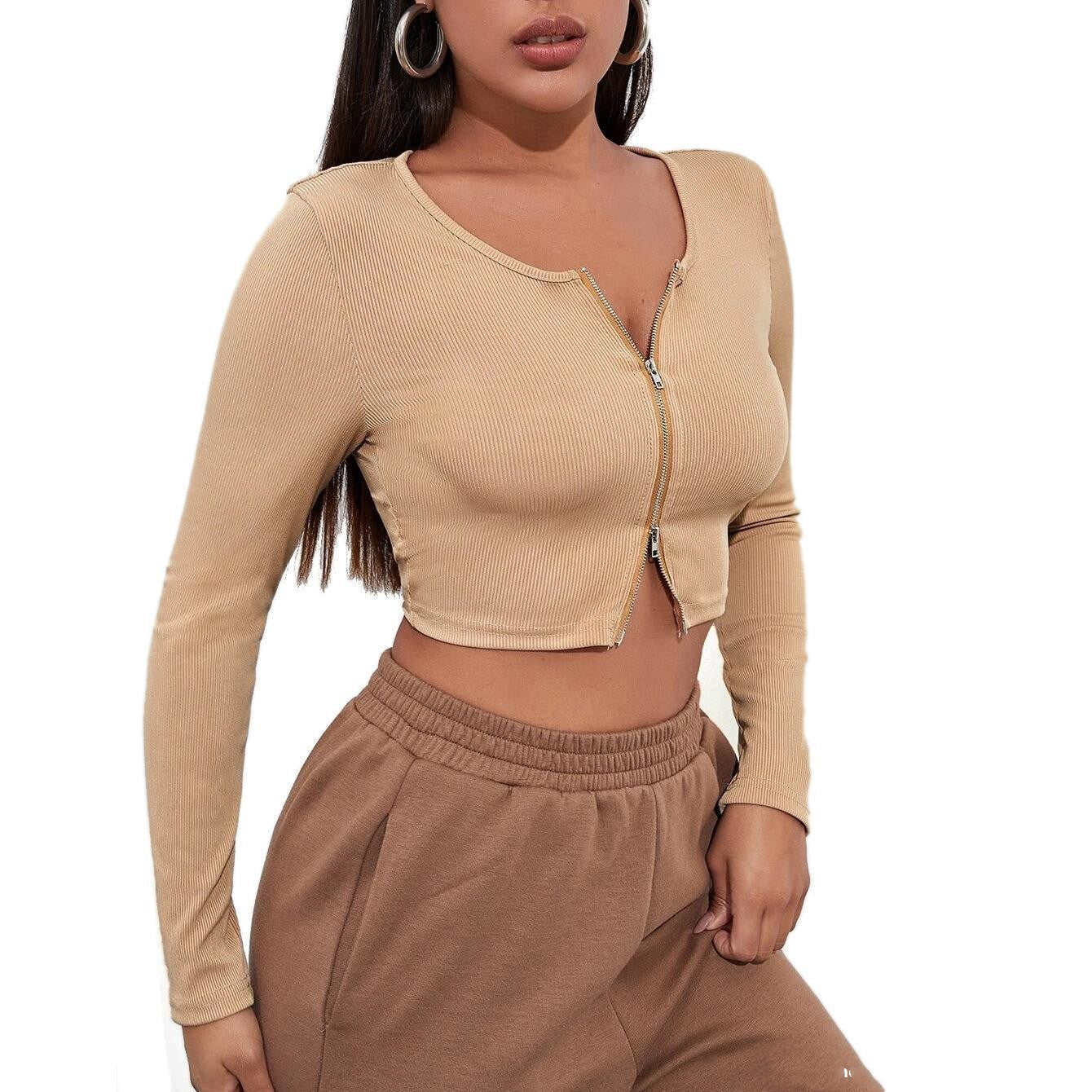 Trendy Harajuku style women's t-shirt in beige with a front zipper and long sleeves