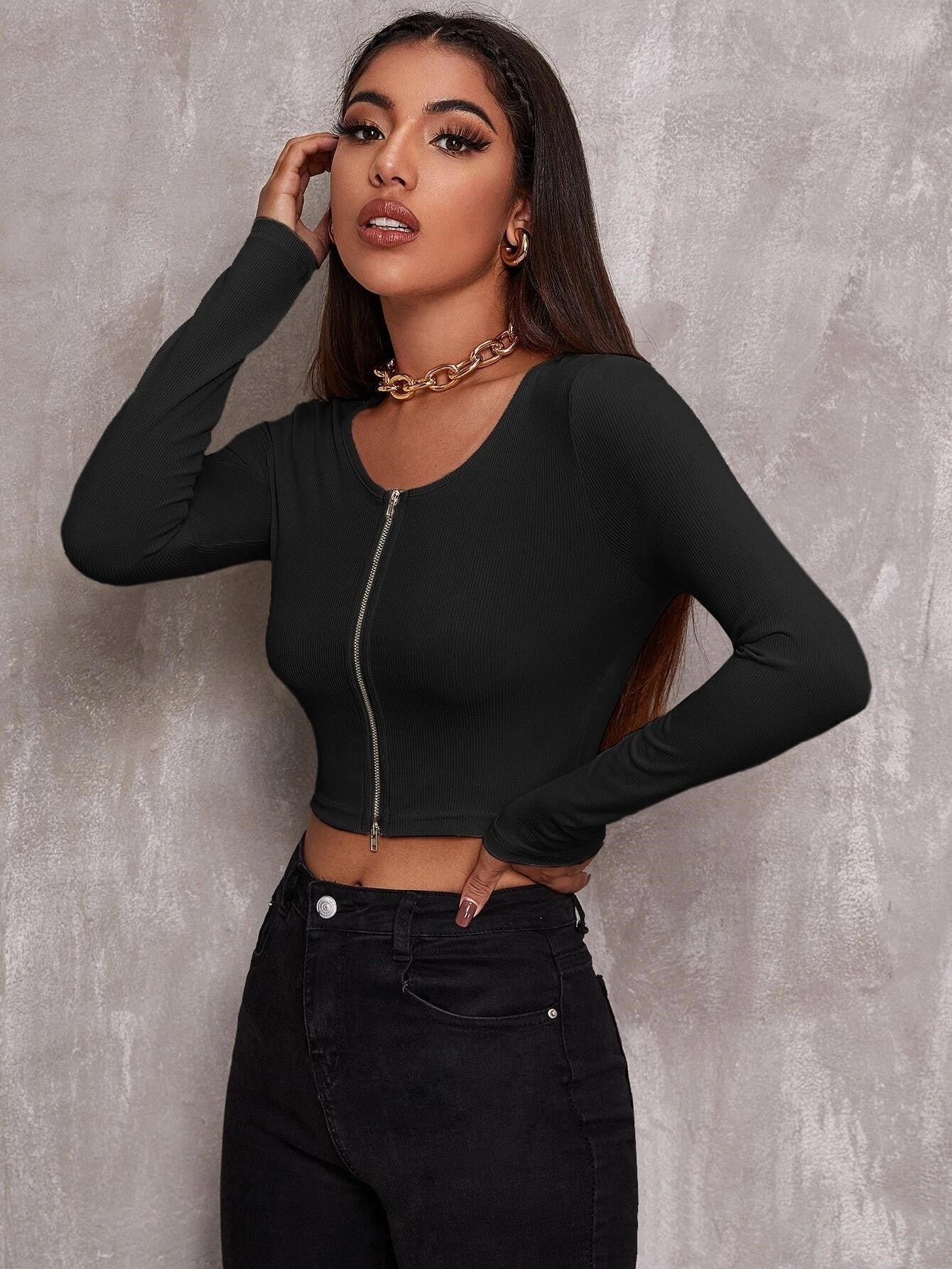 Stylish black cropped top featuring a zipper, perfect for Harajuku style women's t-shirt fashion