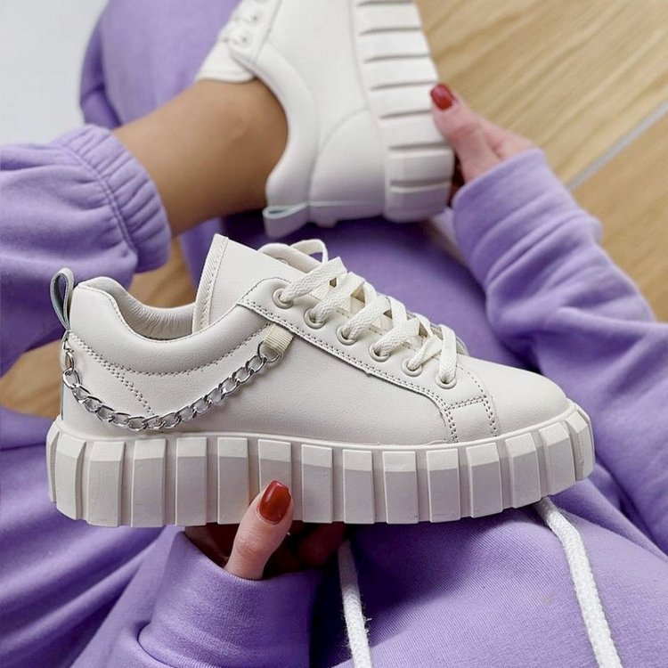 Lace front platform sneakers in cream with stylish chain detail for trendy casual wear