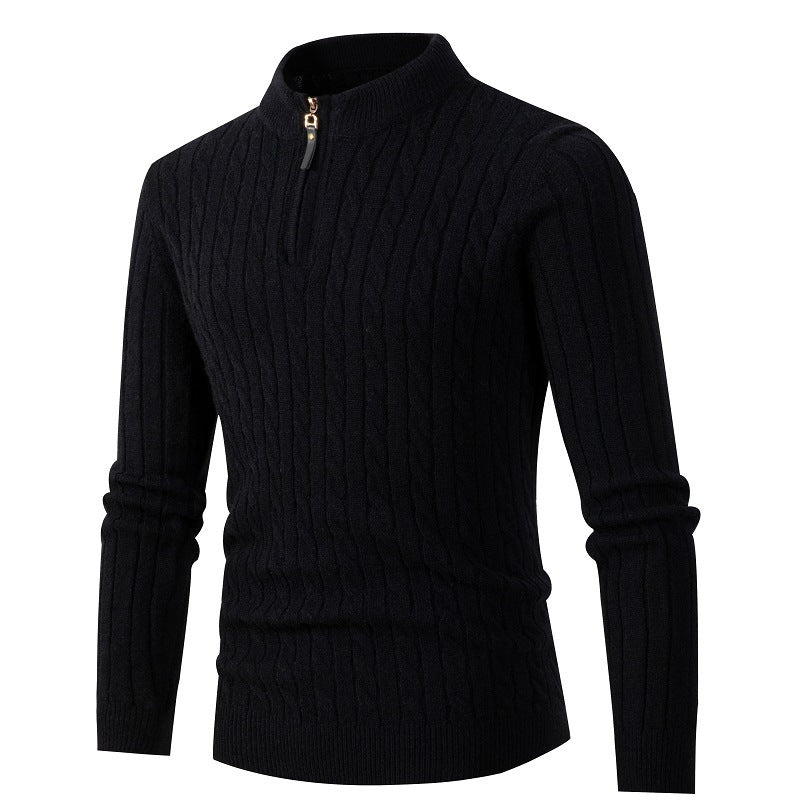 Men's black long sleeve cable knit pullover with a quarter zip design for stylish warmth
