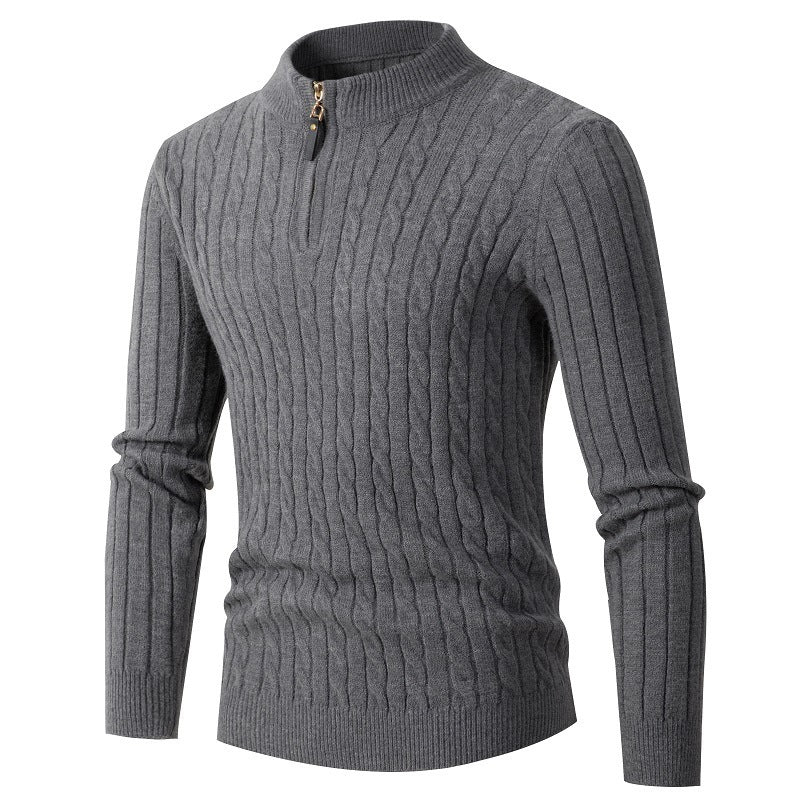 Gray long sleeve cable knit pullover with quarter zip for a stylish and cozy look