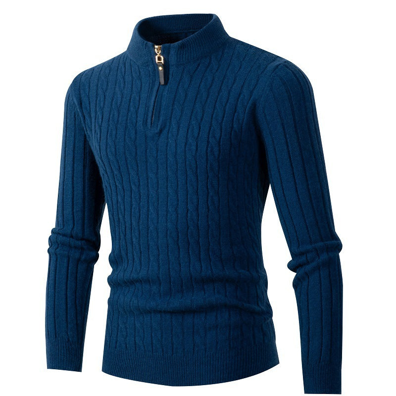 Navy Long Sleeve Cable Knit Pullover with Quarter Zip and Comfortable Fit for Casual Style