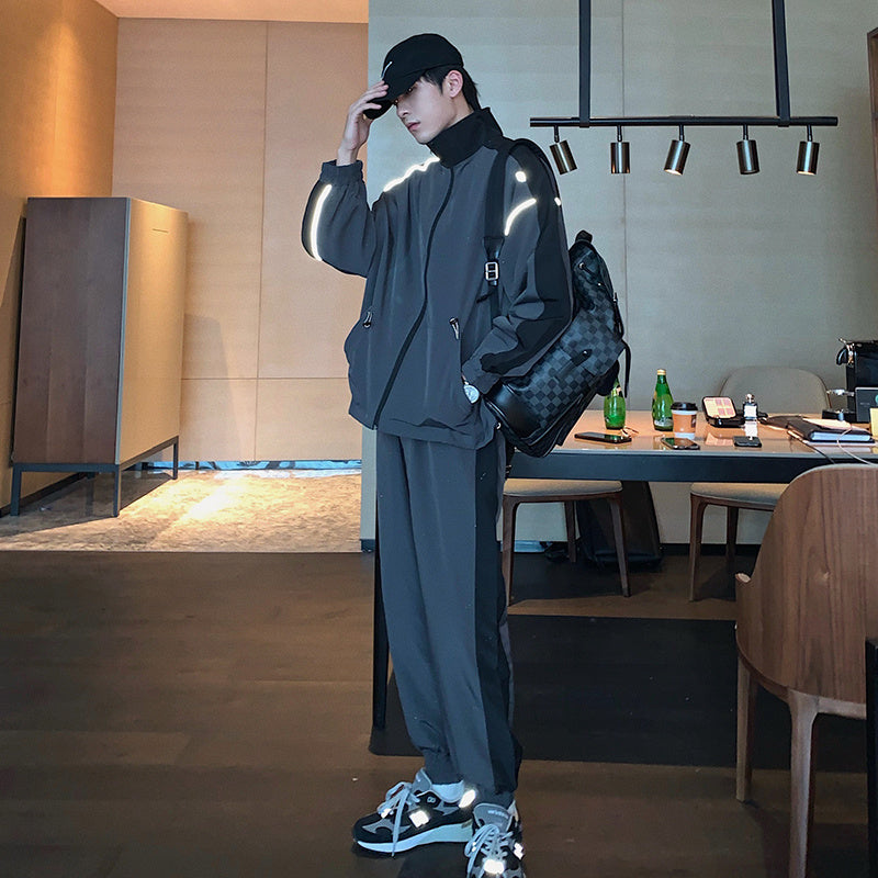 Stylish men's reflective athleisure two piece set in grey, perfect for casual outings and workouts
