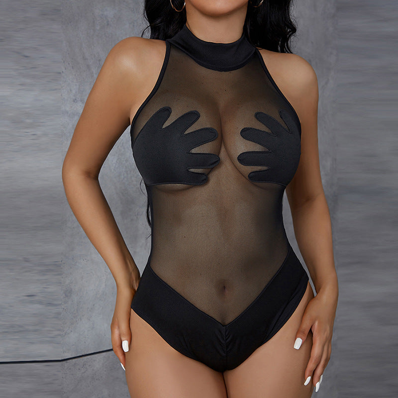 Stylish black mesh contrast bodysuit featuring unique cut-out designs for a bold look