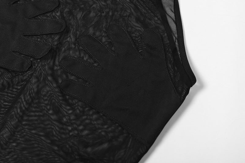 Stylish mesh contrast bodysuit featuring textured fabric and sleek black design