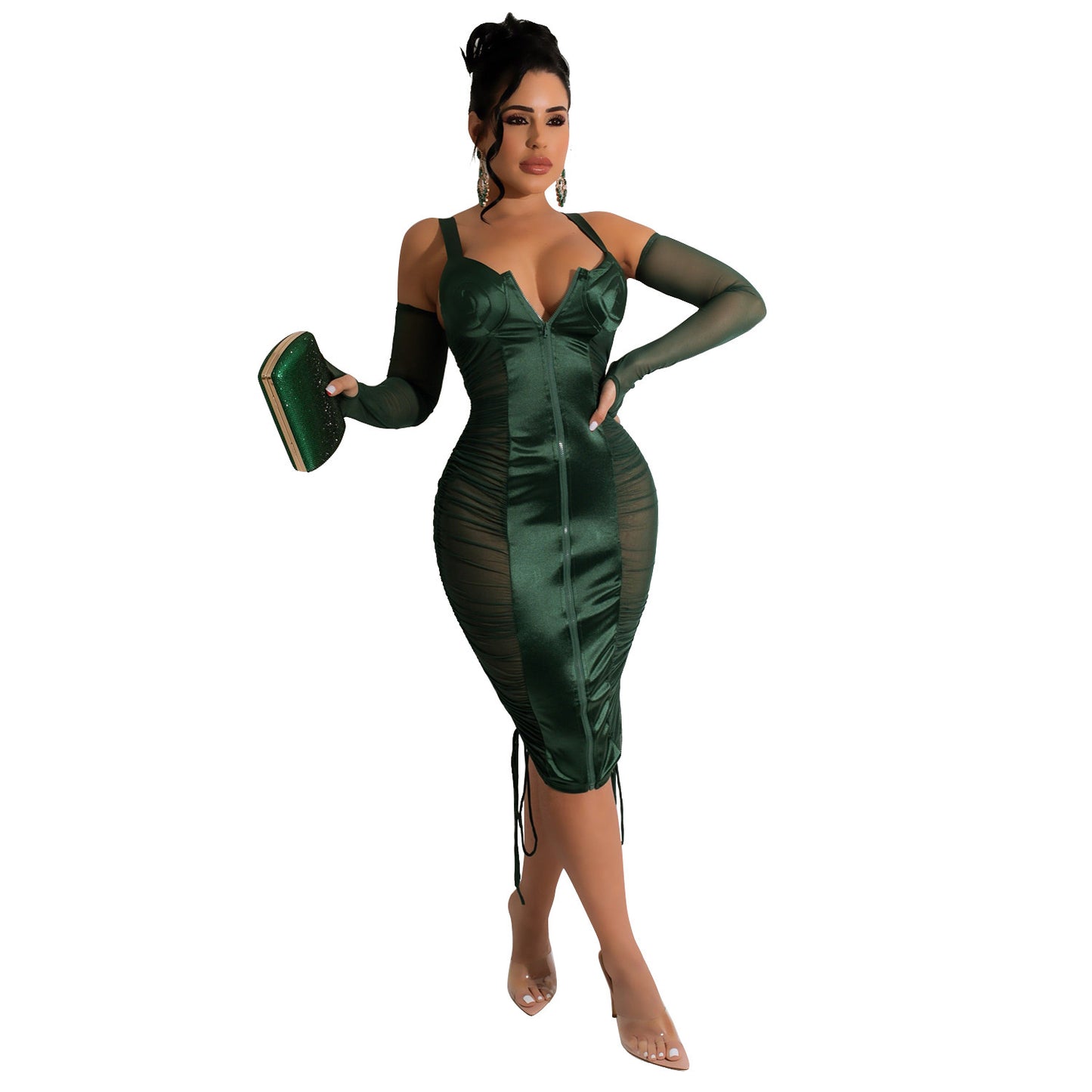 Stylish green mesh sling dress featuring a fitted design and elegant details for a chic evening look