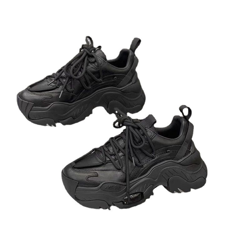 Stylish black platform athleisure shoes with chunky soles and durable laces for everyday wear