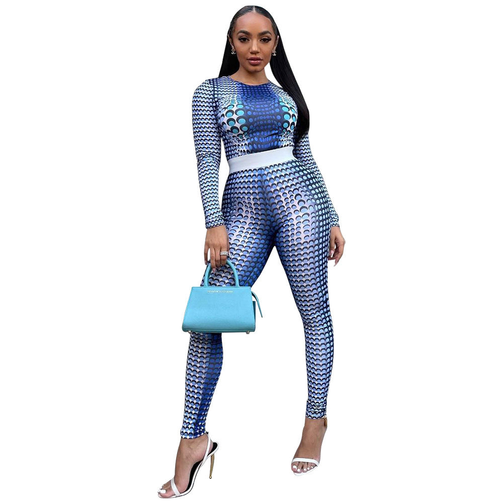 Stylish printed two piece outfit in blue with long sleeves and fitted leggings for a trendy look