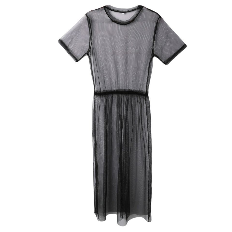 Elegant sheer mesh work clothes dress in black with a relaxed fit and short sleeves