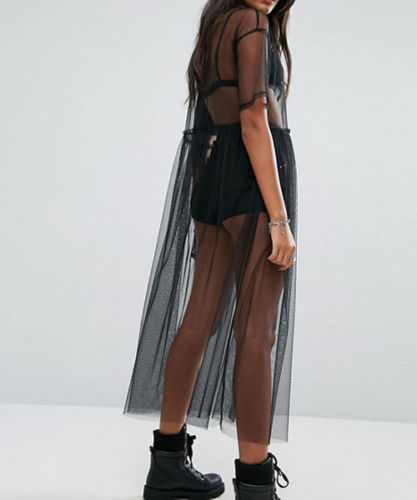 Black sheer mesh work clothes with a long, flowing design for a stylish, modern look