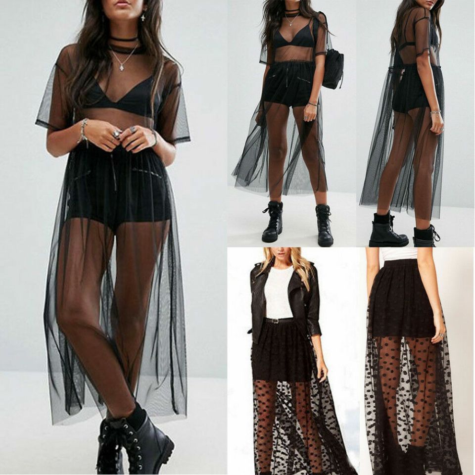 Stylish sheer mesh work clothes featuring a black maxi overlay for trendy office looks