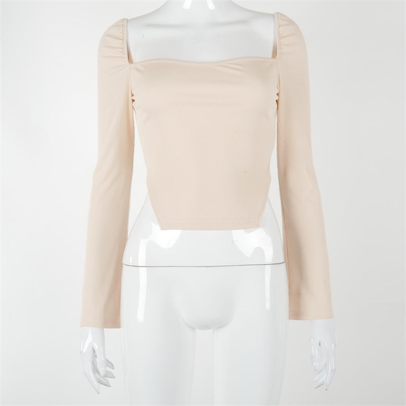 Light beige square collar long sleeve top with gathered sleeves for a stylish look