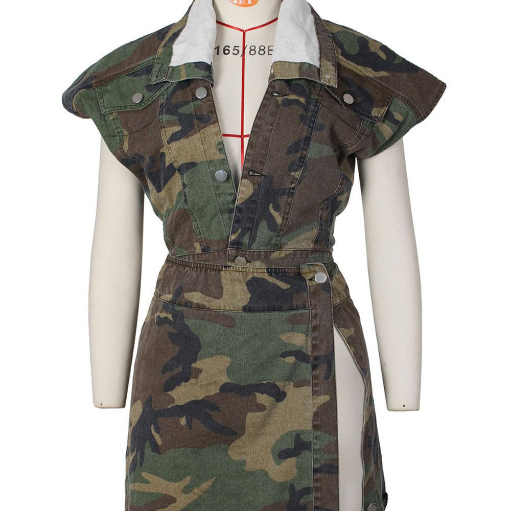 Camo street style denim outfit featuring a unique design with a collar and button closure