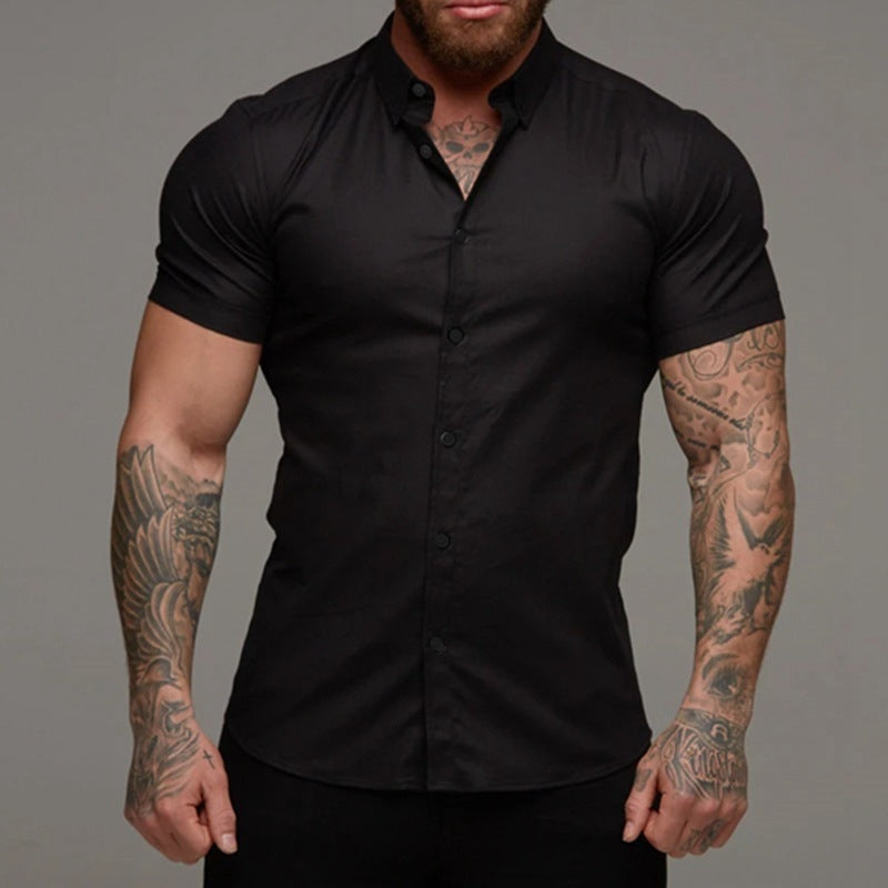 Stylish black short-sleeved shirt for men with a tailored fit and button-up design