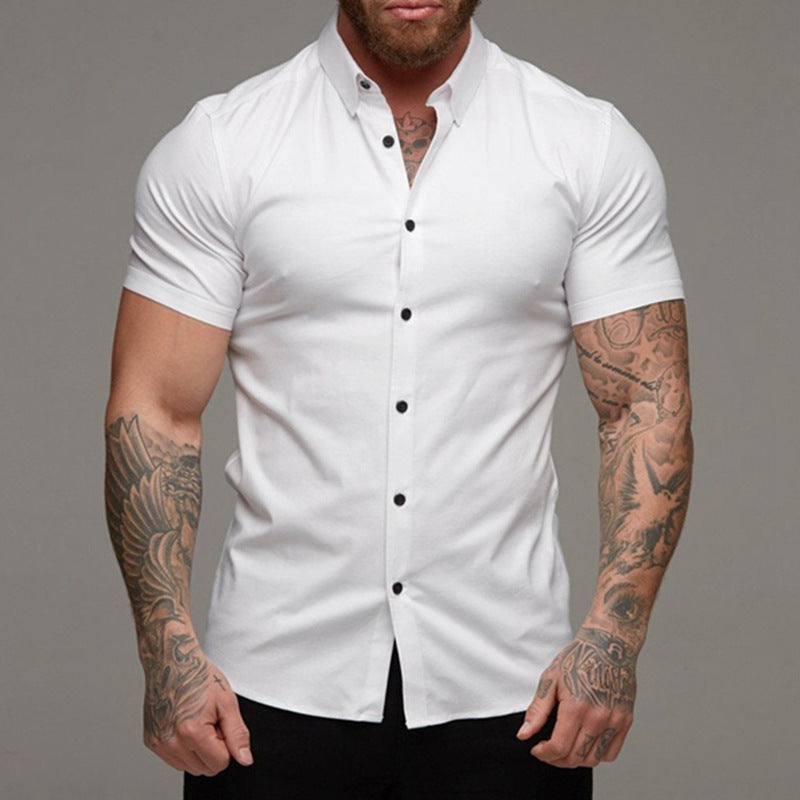 Stylish white lapel shirt for men with short sleeves and button-up front