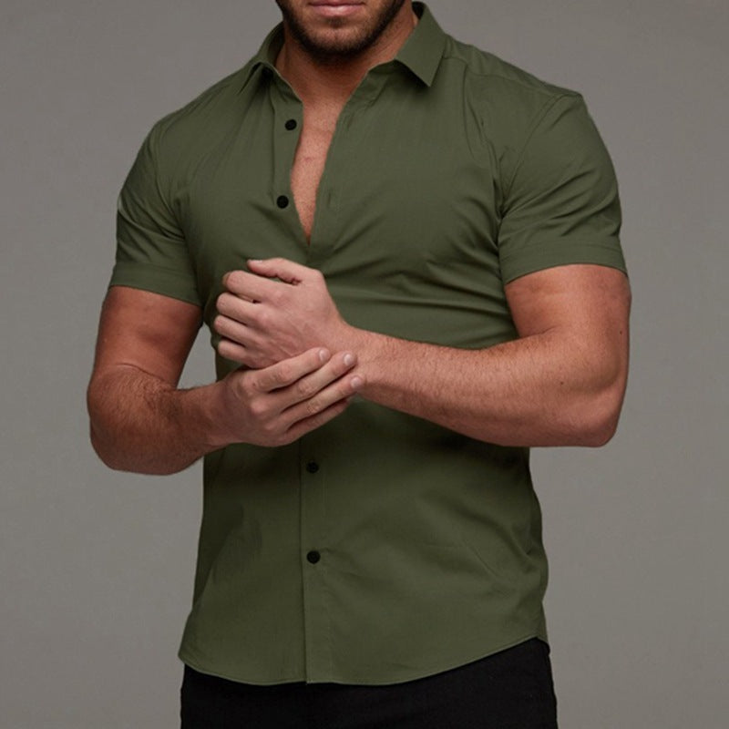 Stylish men's fitted shirt in olive green, great for casual or formal occasions