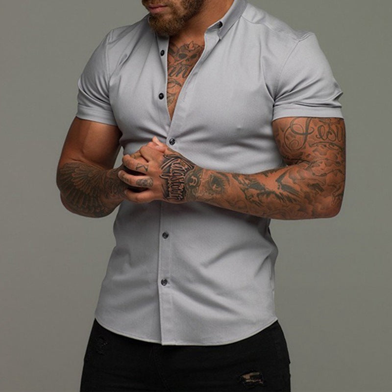 Stylish white lapel shirt for men with short sleeves and a fitted design