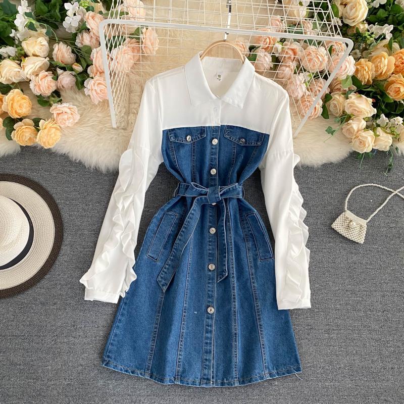 Vintage Style Denim Dress with Belt - Sophinity