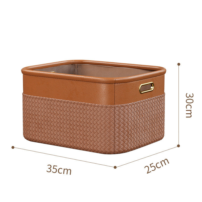 Stylish wardrobe storage box in brown with woven design and gold handles, ideal for organizing clothes