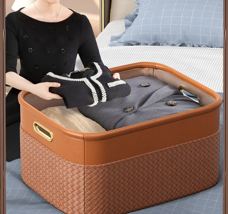 Stylish wardrobe storage box with fabric and leather design for organizing clothes neatly