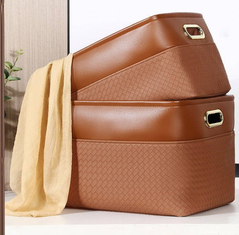 Stylish brown wardrobe storage box set with woven texture for organized home storage