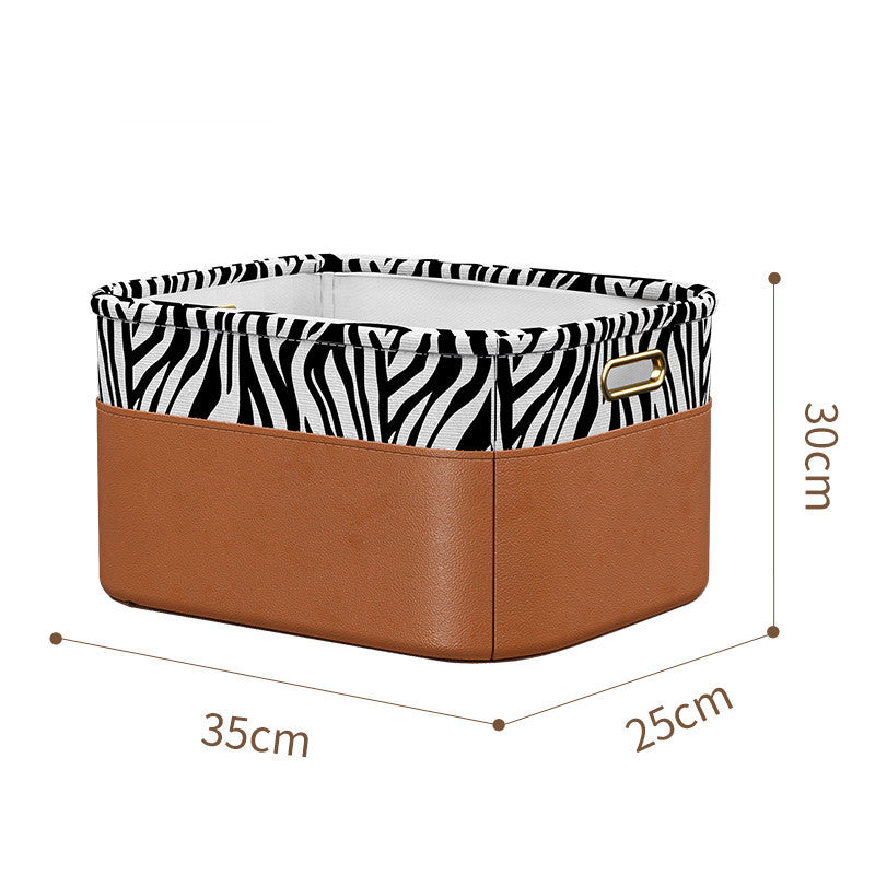 Zebra striped wardrobe storage box with brown faux leather base for stylish organization