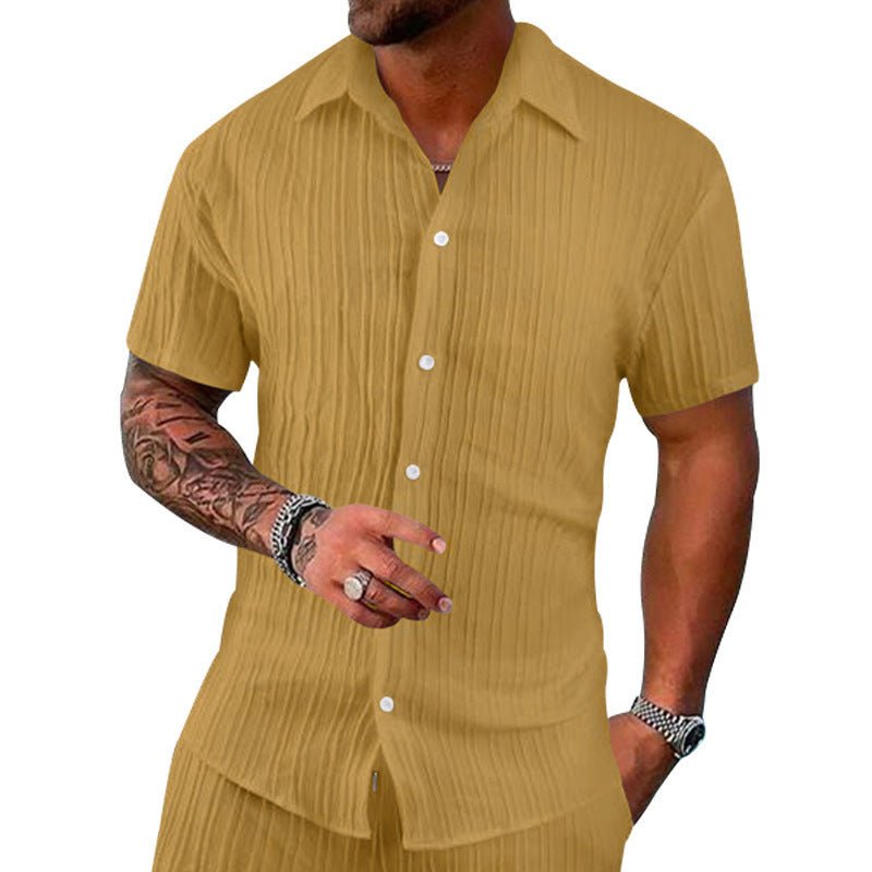 Polo Collar Solid Color Short Sleeve Button Men's Casual Loose Short Sleeves Shirt - Sophinity