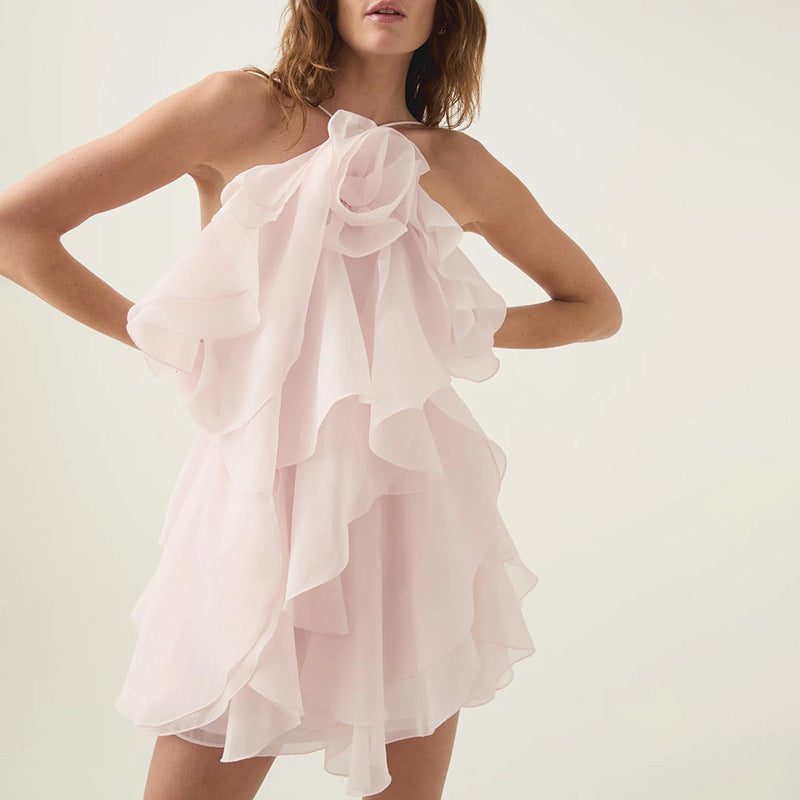Halter Three-dimensional Flower Design Lace-up Sleeveless Dress - Sophinity
