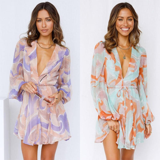 New Sexy Deep V Lace Print Lantern Sleeve Dress - Sophinity