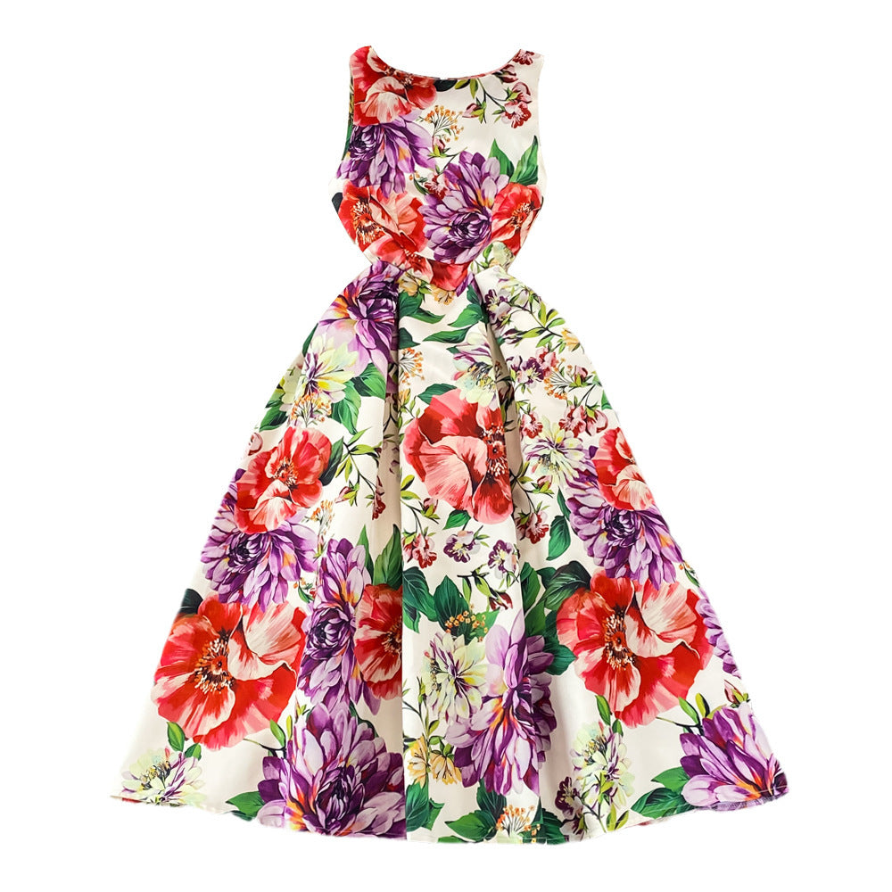 Retro Affordable Luxury Temperament Crew Neck Waist Slimming Printed Sleeveless A- Line Dress - Sophinity