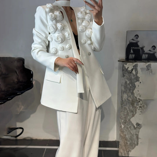 Stitching Flower Ribbon Suit Jacket High Waist Slim Suit - Sophinity