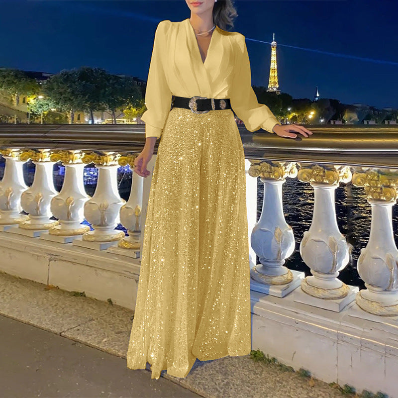V-neck Elegant Waist Slimming Sequined Ladies - Sophinity