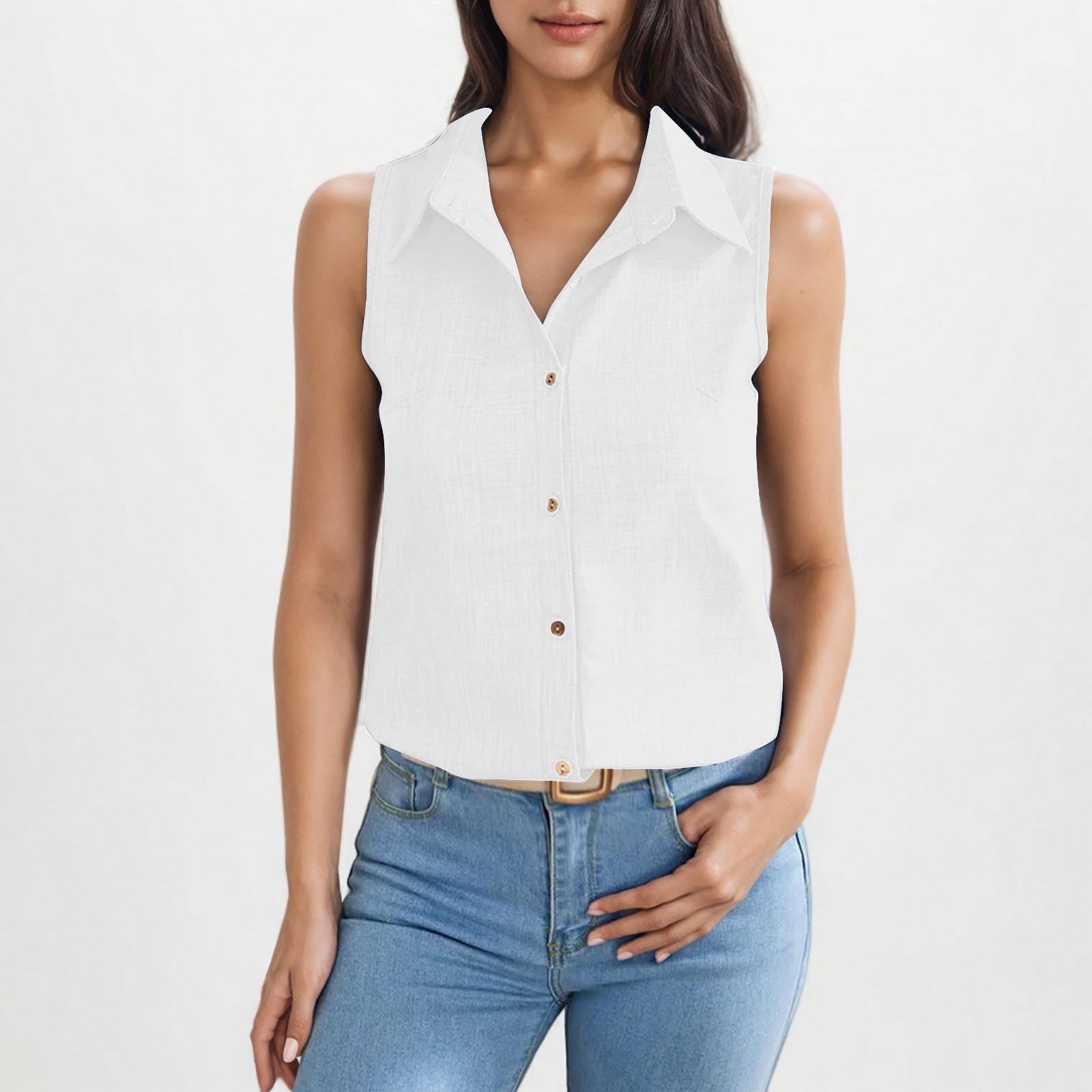 Lapel Cotton Linen Button Sleeveless Shirt Women's Clothing - Sophinity