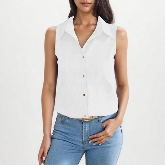 Lapel Cotton Linen Button Sleeveless Shirt Women's Clothing - Sophinity