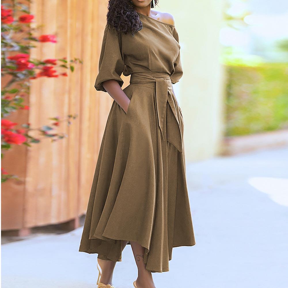 Women's Clothing Middle East Lace-up Waist-controlled Temperament Pure Color Dress