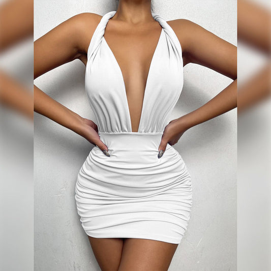 Sexy Hot Girl Fashionable Deep V - neck Halter Lace - up Backless Pleated Dress - Sophinity