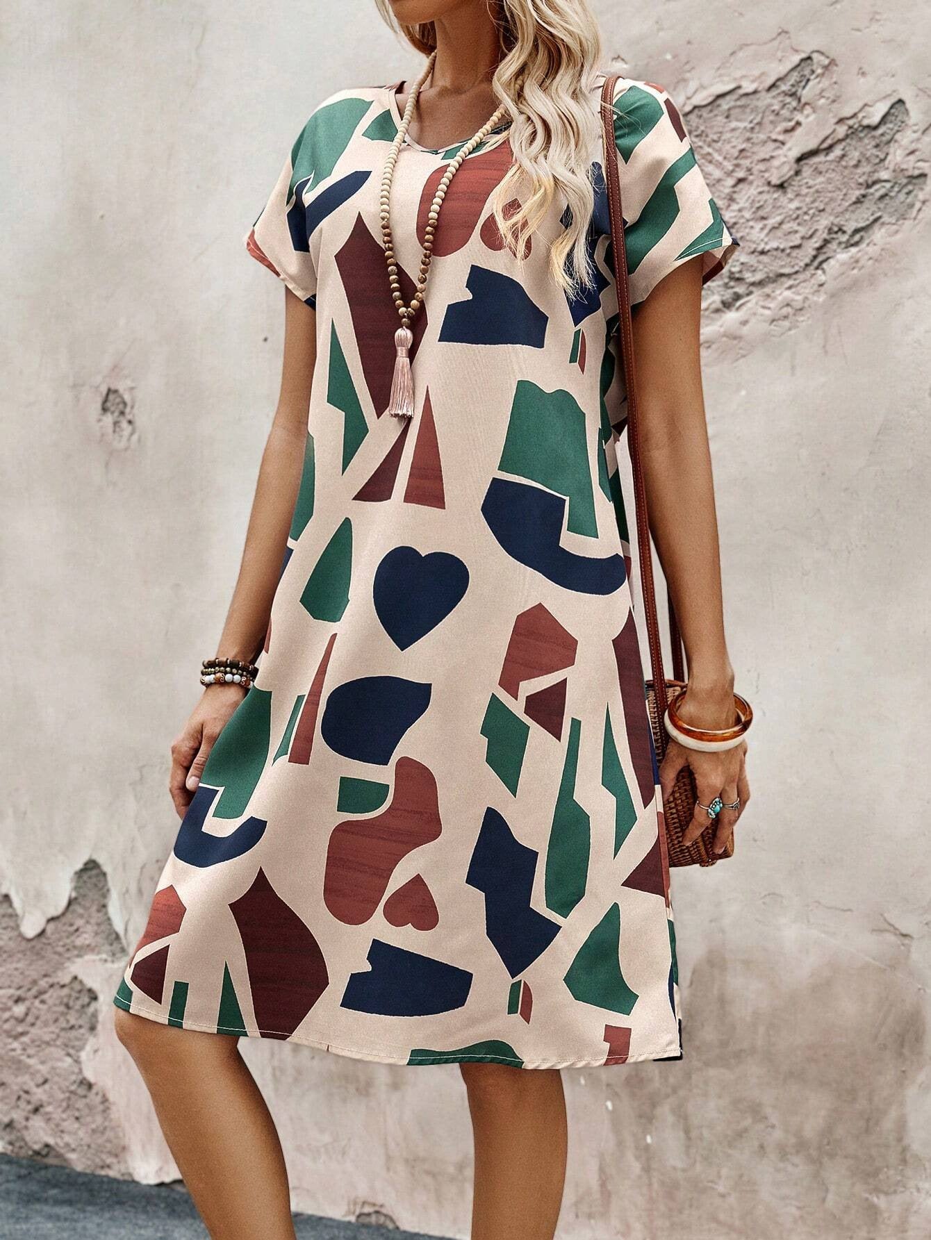 Casual Printed Short Sleeves Round Neck Dress Women - Sophinity