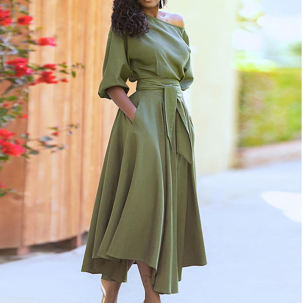 Women's Clothing Middle East Lace-up Waist-controlled Temperament Pure Color Dress
